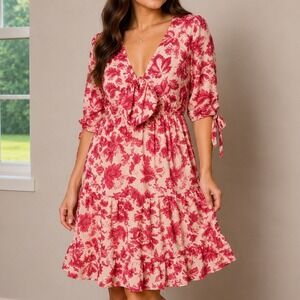 Sweet Pot Floral Chiffon Mini Dress Women's Size 10 Tie Front Tiered Romantic